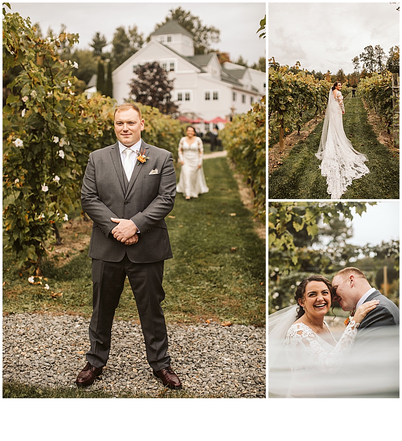 Bride and groom first look at vineyard wedding in New England