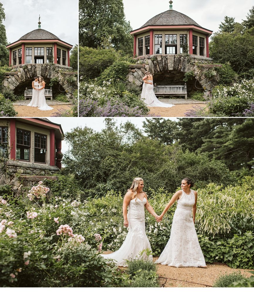 Brides walking together to their New England wedding ceremony