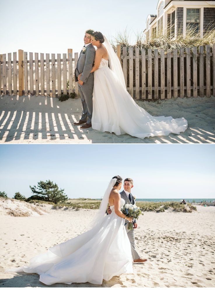 Bride and groom on the beach at their Sea View wedding in Cape Cod