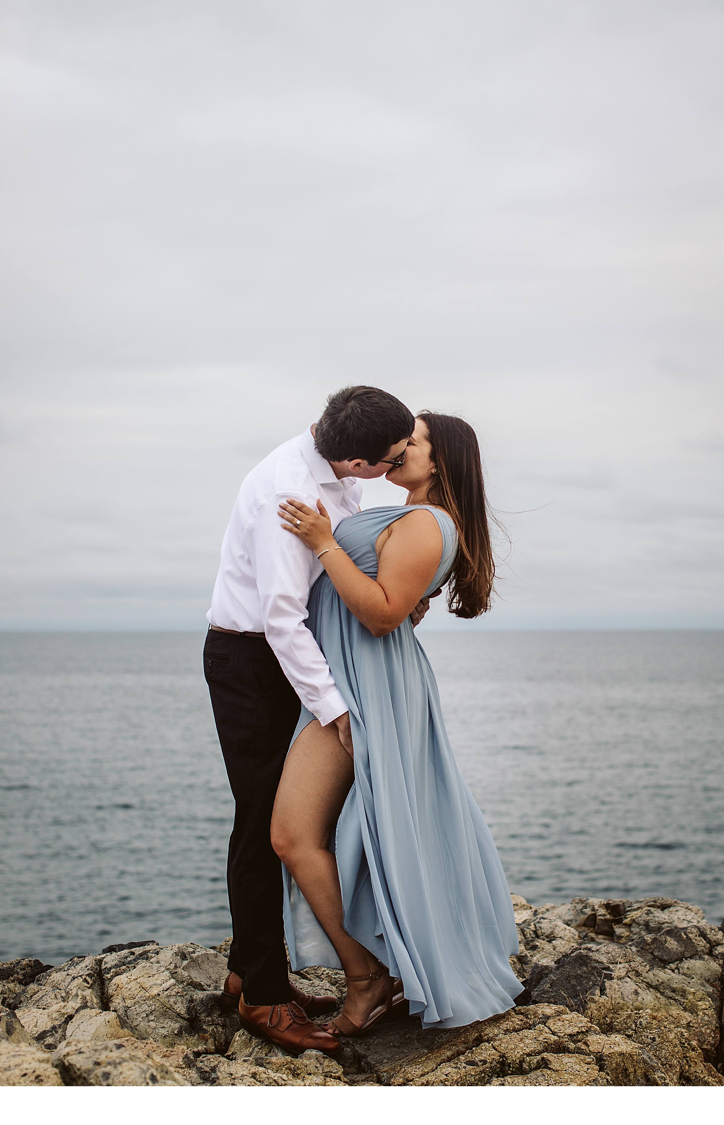 Couple embraces during their coastal Maine engagement photos