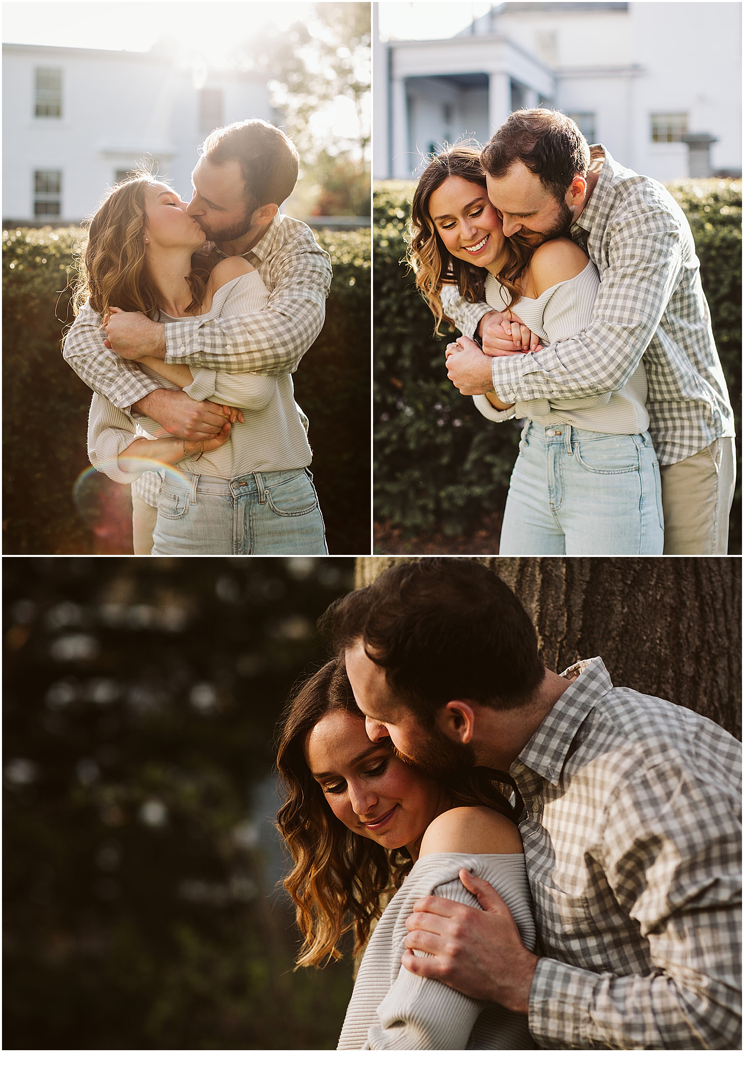 Boston couple embracing during engagement photos in Salem