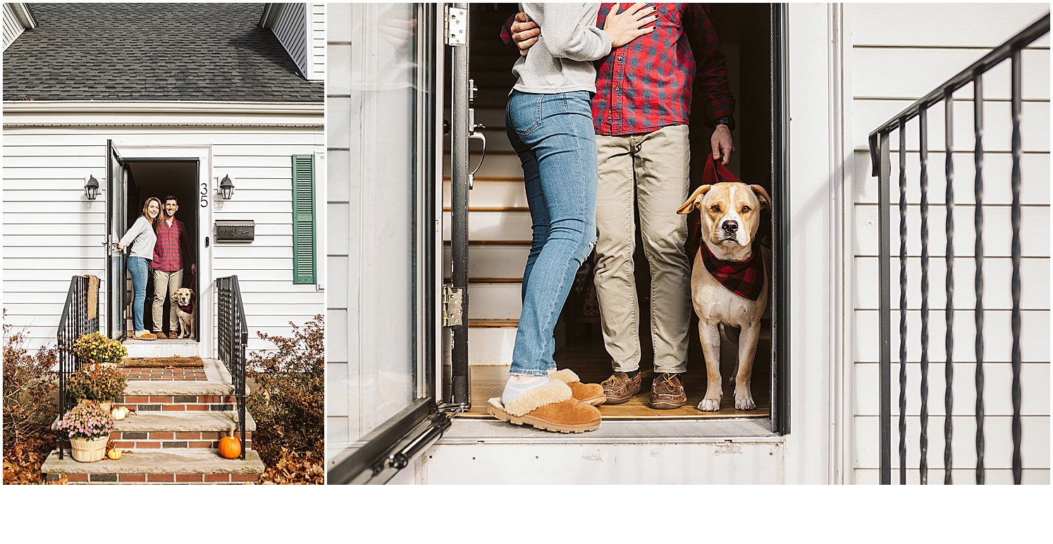 Boston couple at home engagement photo session with dog