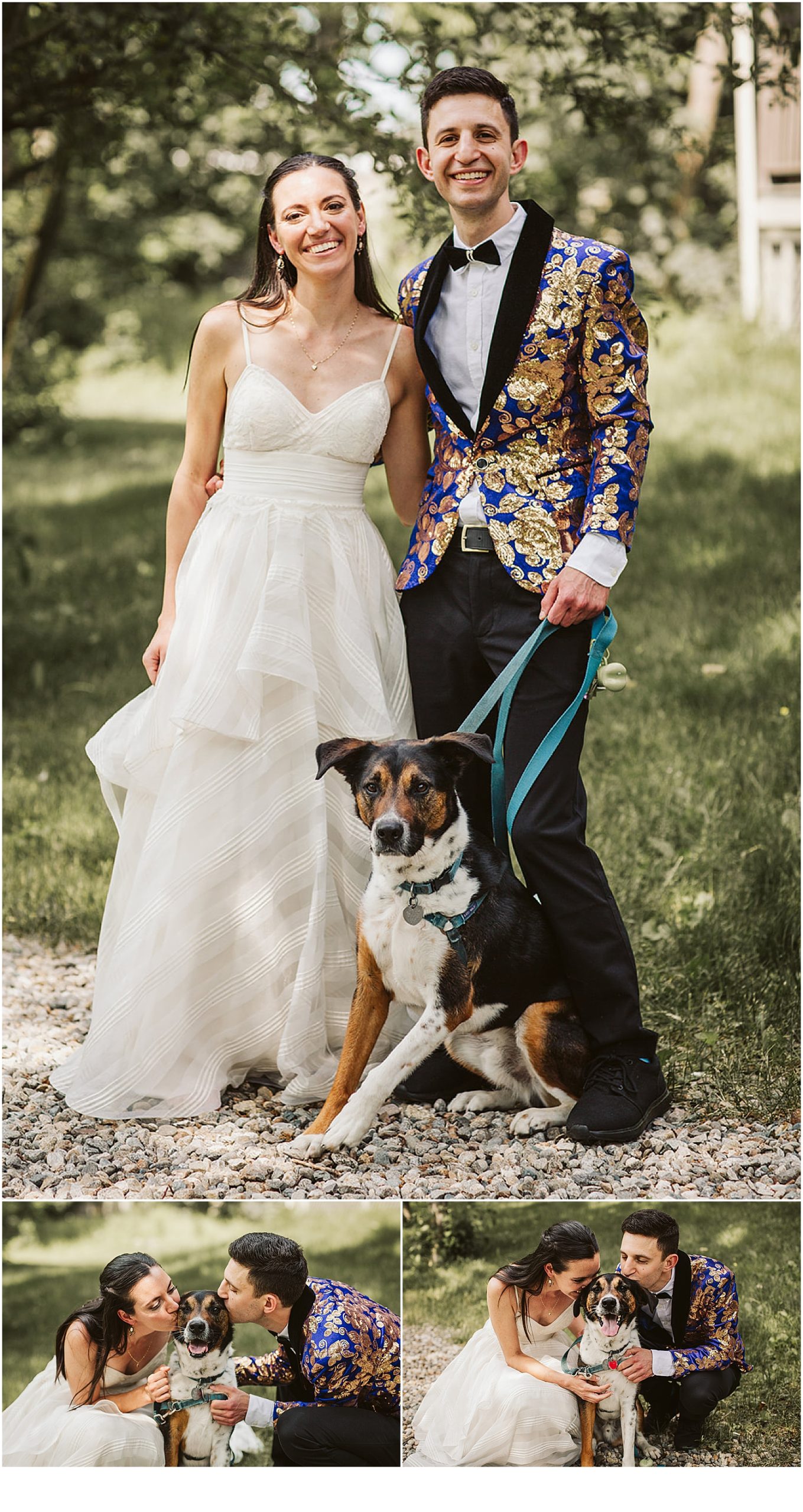 Couple poses for wedding portraits with dog at their Nahant wedding