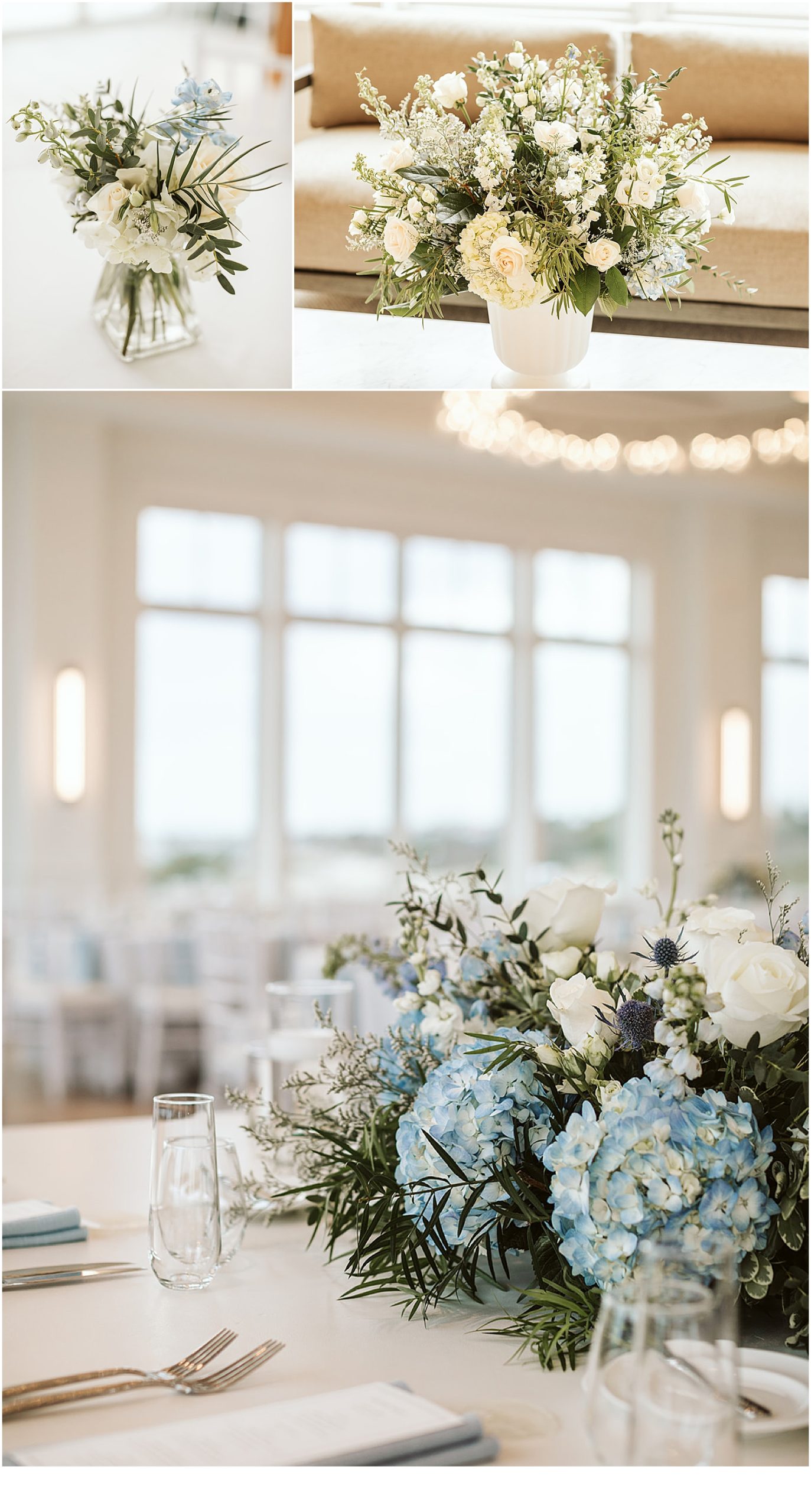 Blue hydrangea wedding florals for Cape Cod wedding