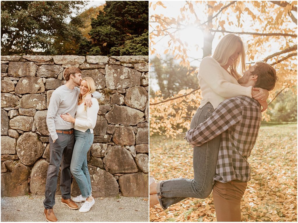 Couple poses for engagement pictures in the Boston Arnold Arboretum