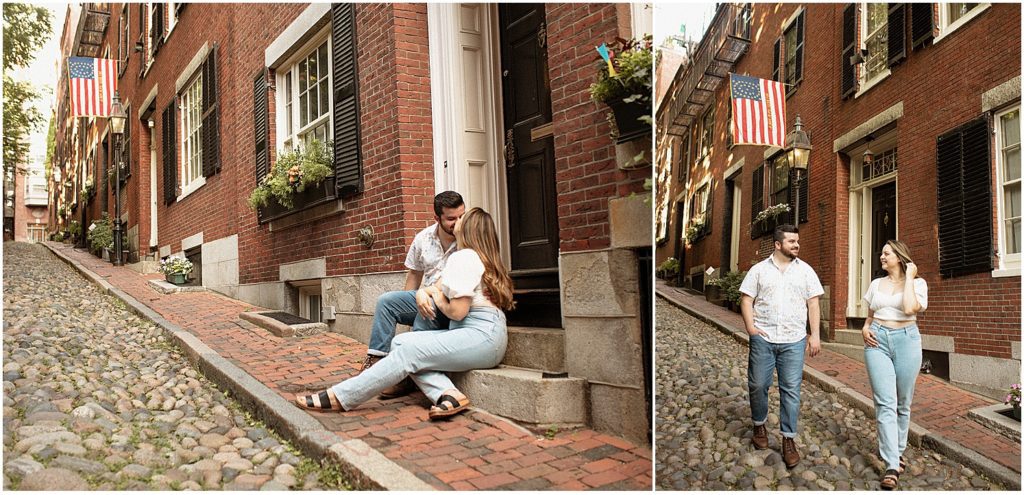 Boston couple poses for engagement pictures in Beacon Hill on cobblestone street