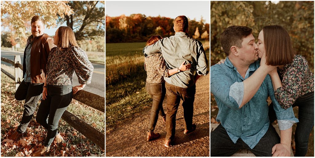 Couple posing in New England for fall engagement pictures
