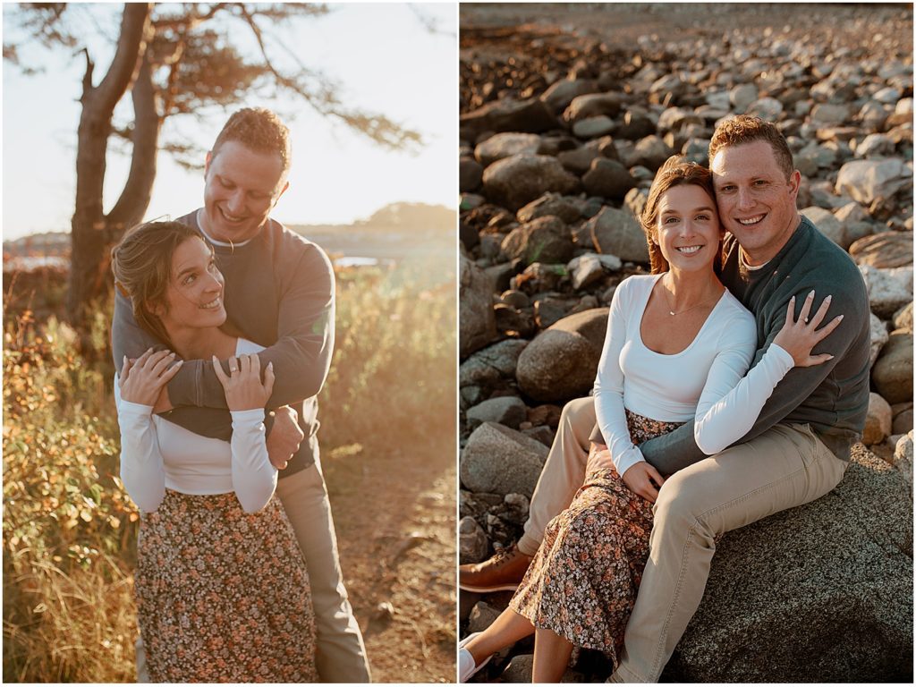 Couple posing for fall engagement pictures in New Hampshire