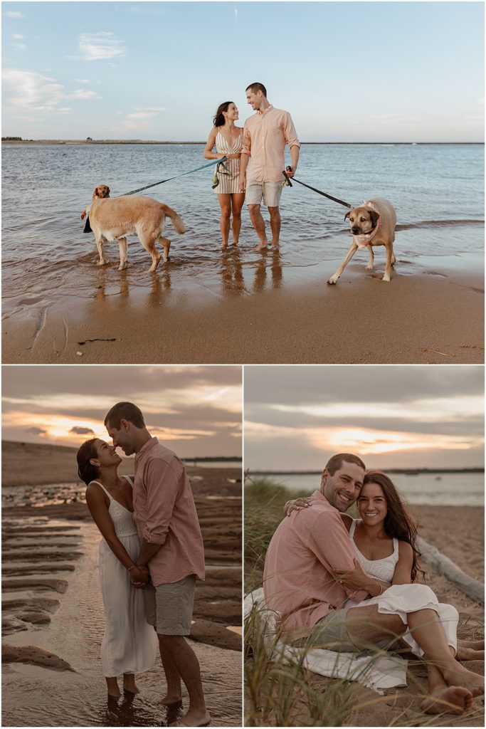 Couple poses for beach engagement pictures at Plum Island, MA
