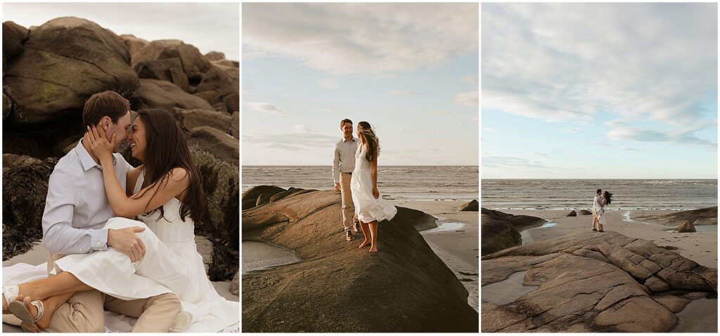 Couple taking engagement pictures at a Boston beach