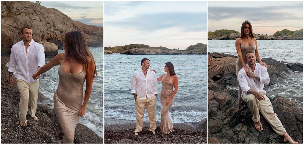Boston couple taking anniversary photos by the ocean