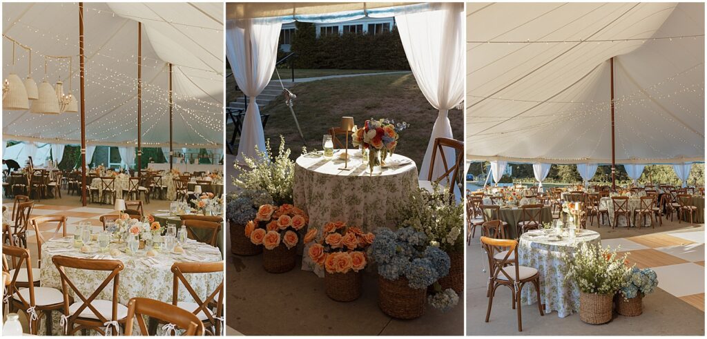 Wedding reception decor for a tented summer wedding at Shepherd's Run in Rhode Island