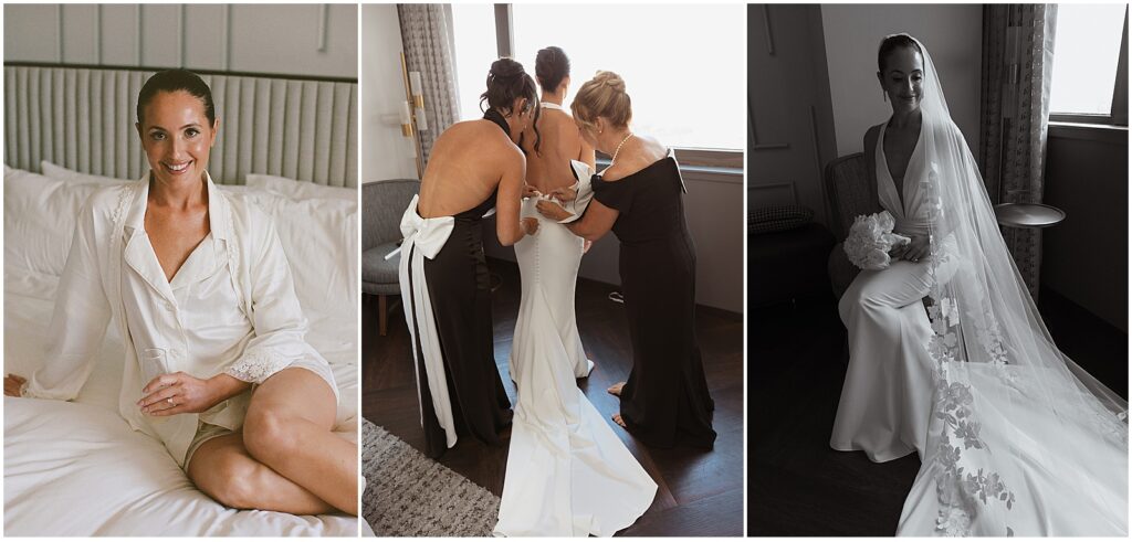 Bride getting into her wedding dress for her Boston wedding