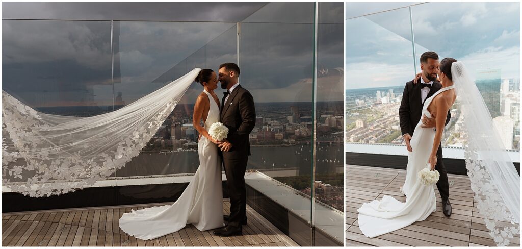 Bride and groom taking portraits on the deck of View Boston