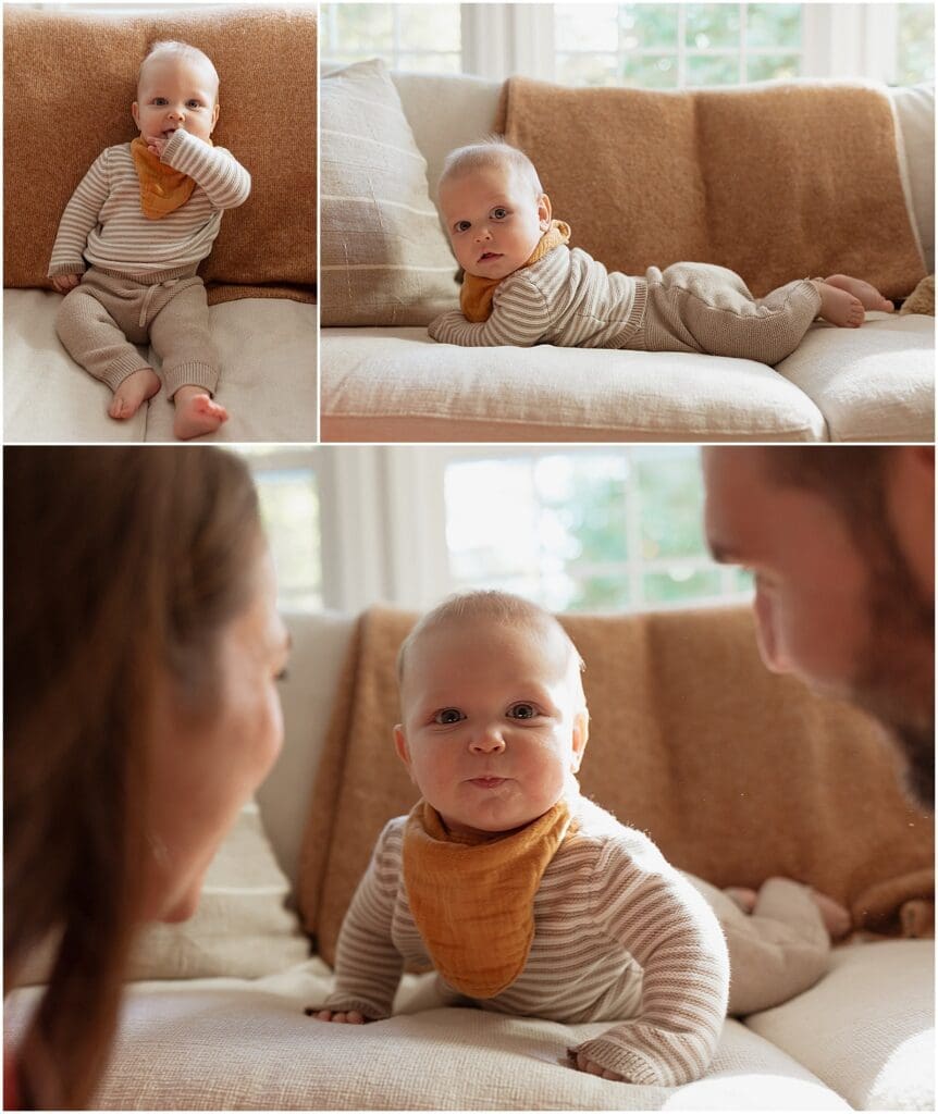 Boston couple taking family photos at home with their baby