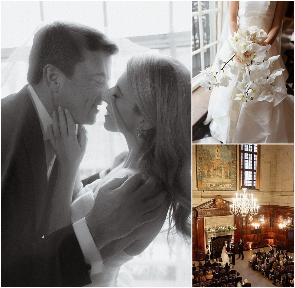 Bride and groom at their wedding at the Harvard Club of Boston