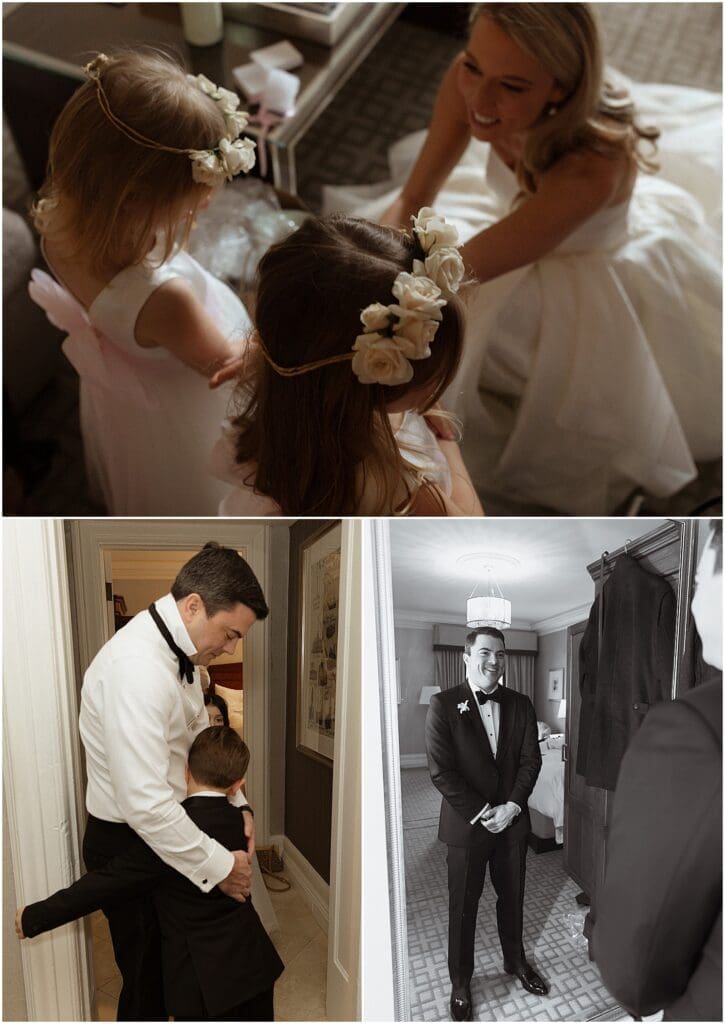Bride and groom getting ready at the Fairmont Copley for their Boston wedding