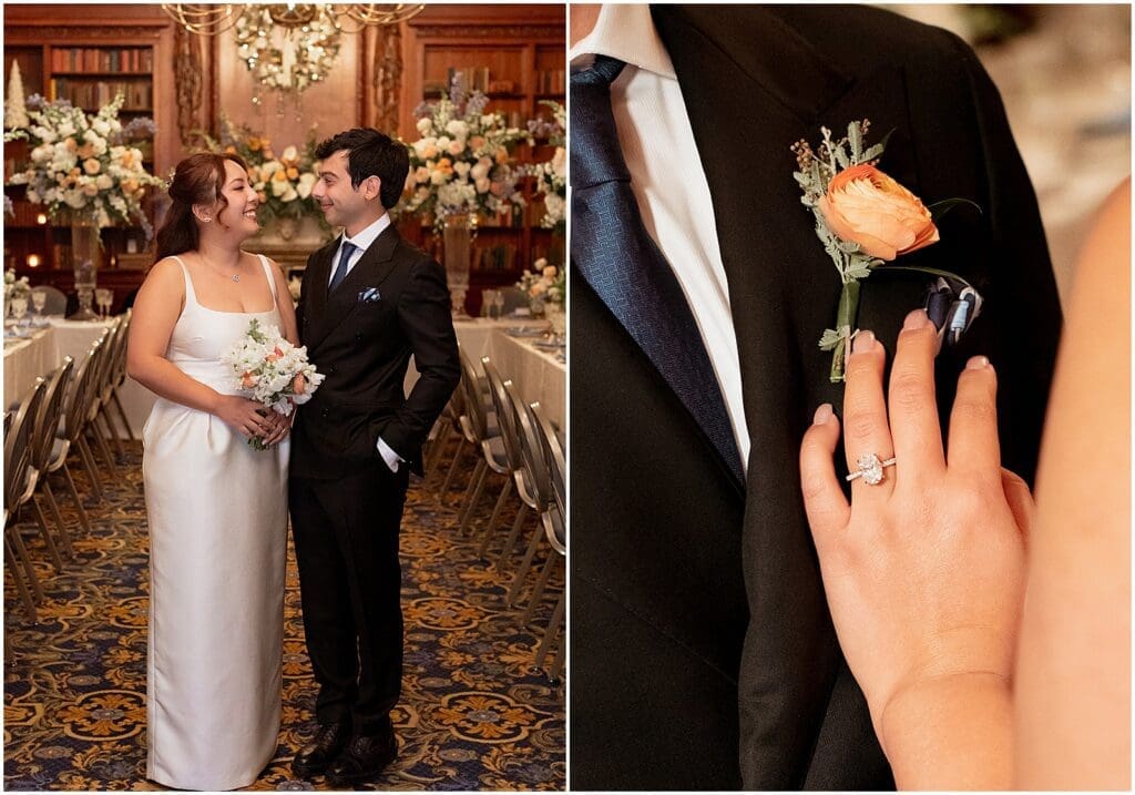 Couple posing for portrait photos at their engagement party at the Hampshire House Boston