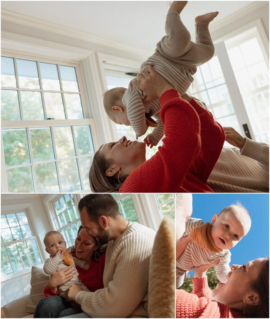Couple taking family photos at home with their baby in Boston