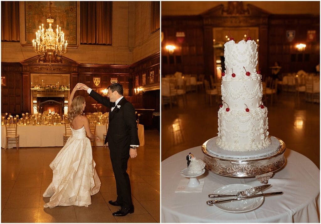 Bride and groom with their 3-tier vintage wedding cake at their Boston wedding

