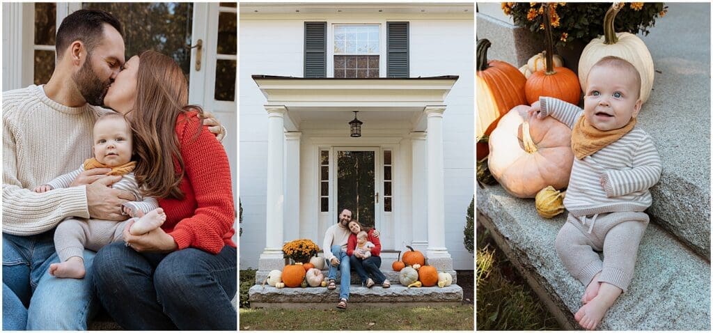Boston couple taking photos with their baby on their front stoop in the fall