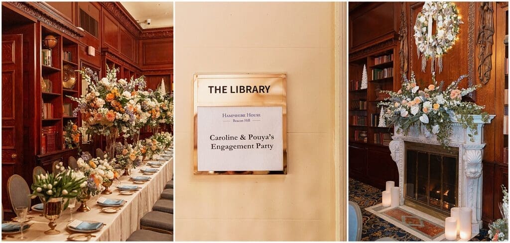 The library room at the Hampshire House Boston decorated for an engagement party